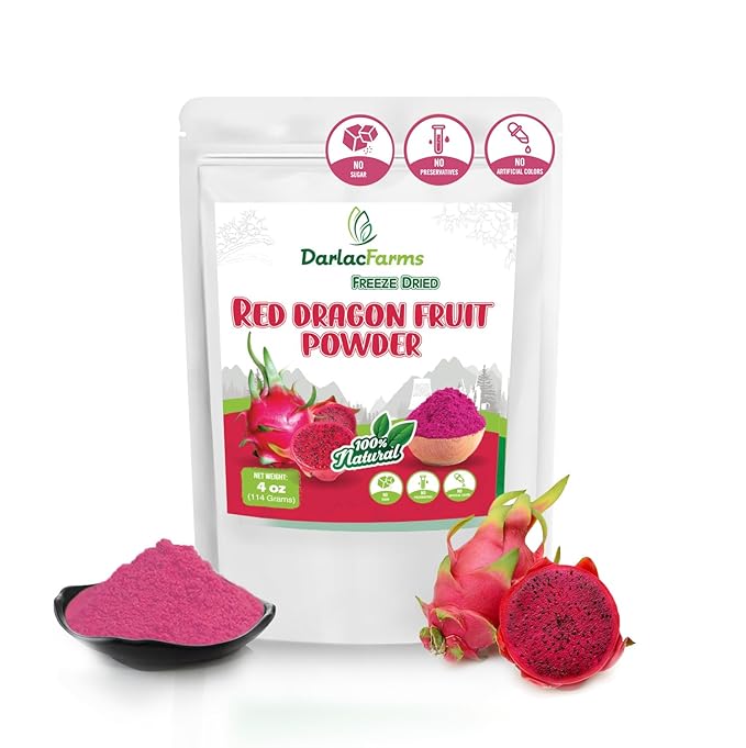 DARLAC FARMS Freeze Dried Red Dragon Fruit Powder 4Oz, Natural ingredients, Nutrient-rich, Vegan, No Add Sugar, Preservative-free, Convenient zip-lock Pouch, Perfect for Drinks, Smoothies, Baking