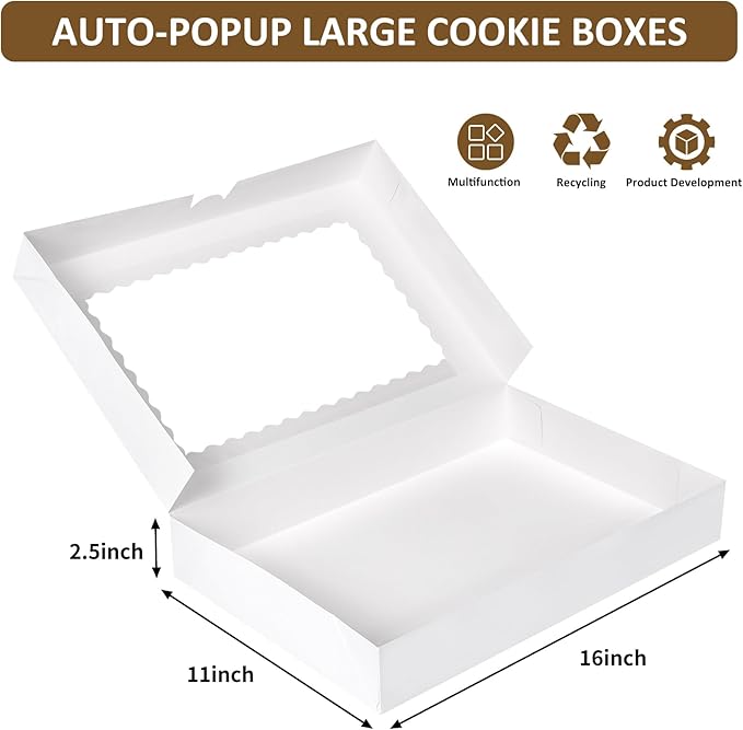 Moretoes 40pcs Large Bakery Boxes, 16x11x2.5 Inches Auto-Popup Cookie Boxes with Window for Donuts, Treats, Pastries, Pies, Muffins, Chocolate Covered Strawberries