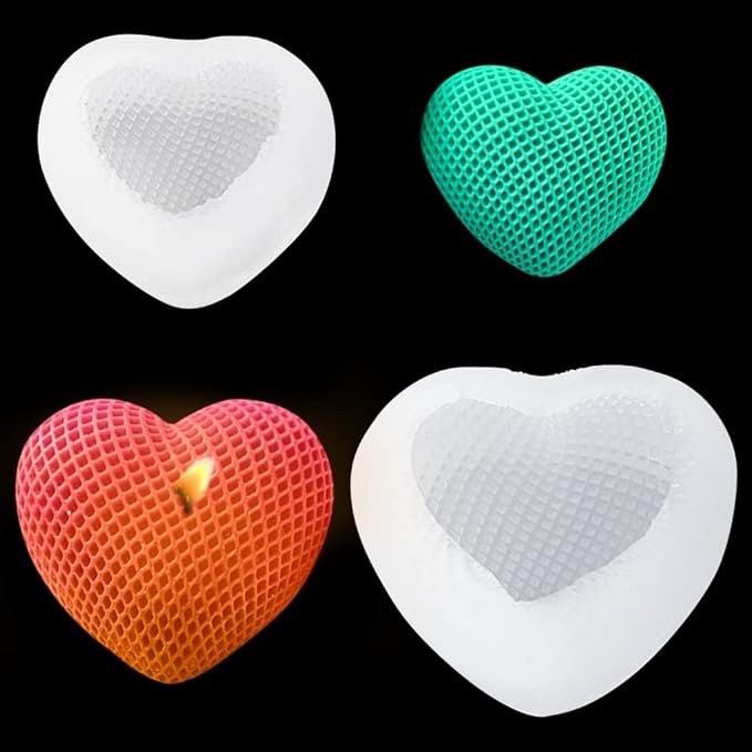FineInno 2pcs 3D Heart Candle Resin Mold, Grids Love Heart Silicone Molds for Candle Soap Making, Woven Love Epoxy Mould for DIY Bath Bomb Fondant Chocolate Cake Decor