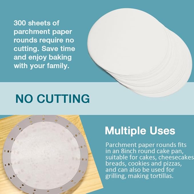300 Pcs 8 Inch Round Parchment Paper, Round Parchment Paper for Baking, Round Parchment Liners for Tortillas, Cake Pan(White)