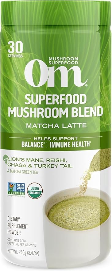 OM MUSHROOM SUPERFOOD Matcha Latte Blend – Green Tea Mushroom Powder with Lion’s Mane, Reishi, Chaga & Turkey Tail – Focus, Calm & Stress Support – 8.47 oz Canister (30 Servings)