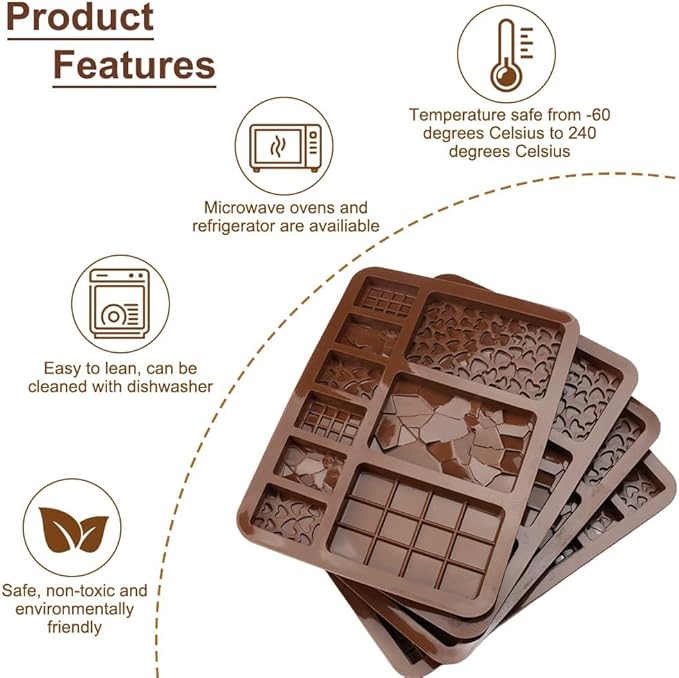 4 Pack Silicone Molds for Chocolate and Candy – Flexible Square Silicone Molds for Baking, Truffles, Butter, Wax Melts and Mini Chocolate Bars, Easy to Release and Clean