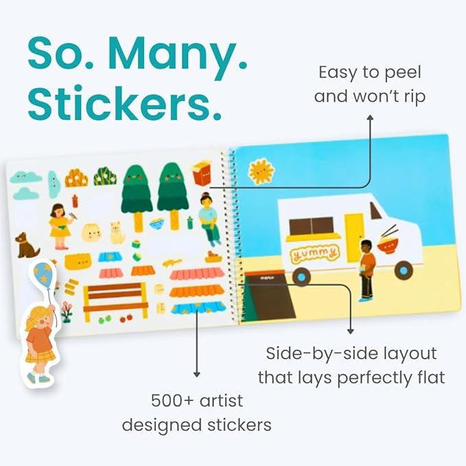CUPKIN Sticker Book for Kids 2-4, 500+ Kids Stickers, Food Truck Adventure 12 Coloring Pages 12 Side by Side Scenes Fun Toddler Travel Activity Coloring and Sticker Books for Ages 4-8 + 8-10
