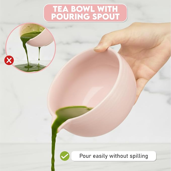 10 Pcs Matcha Kit Set, Ceramic Matcha Set Includes 17oz Matcha Bowl, Bamboo Whisk and Scoop, Whisk Holder, Sifter, Scoop holder, Measuring Cup, Powder Caddy, Tea Towel and Instruction Manual (Pink)