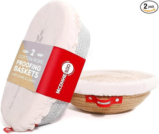 mcdhhemoCotton Rope Banneton Bread Proofing Basket Set, 2 Round Bread Baskets with Liner and Lid, Suitable for Artisan Bread Baking and Sourdough Bread Baking Supplies