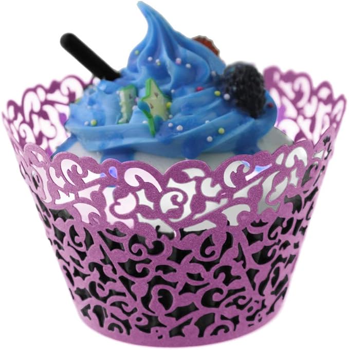 GOLF 100Pcs Cupcake Wrappers Artistic Bake Cake Paper Filigree Little Vine Lace Laser Cut Liner Baking Cup Wraps Muffin CaseTrays for Wedding Party Birthday Decoration (Purple)
