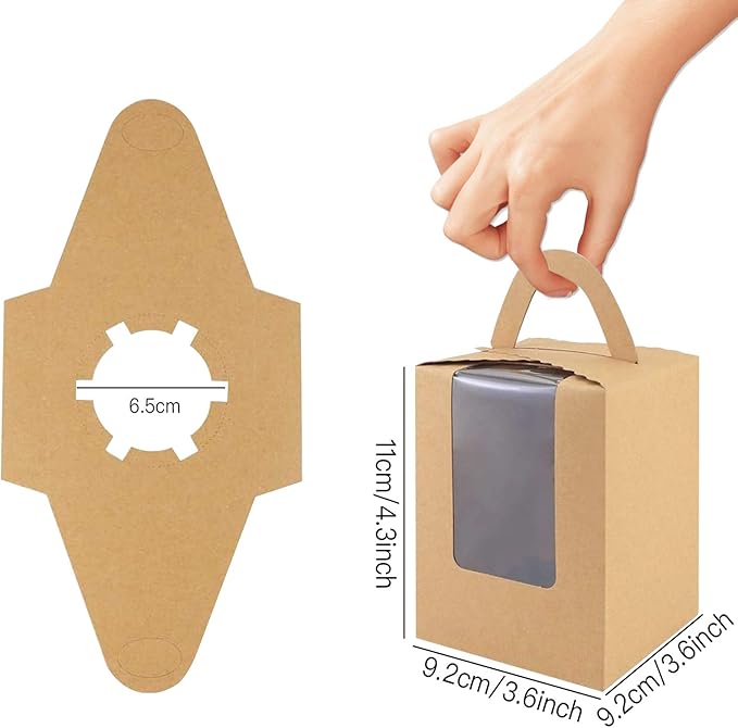 Cupcake Boxes, 30 Pack Individual Single With Clear Window Inserts Handle - Muffins Carriers Pastry Containers (Brown)