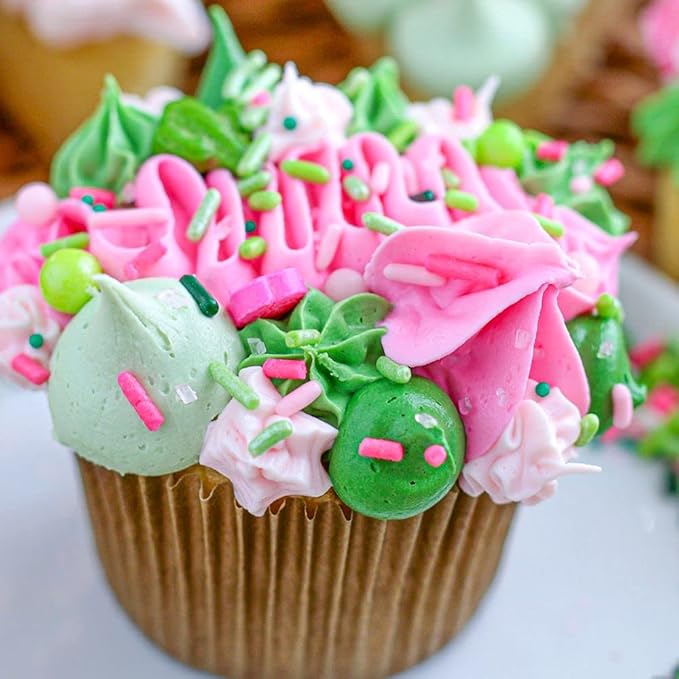Fancy Edible Sprinkles for Cake, Cookie, Cupcake Decorating, and Baking - Baby Shower Cake Sprinkles and Toppings in Light Pink Jimmies, Green Nonpareils, Pink Rose and Green Cactus Candy