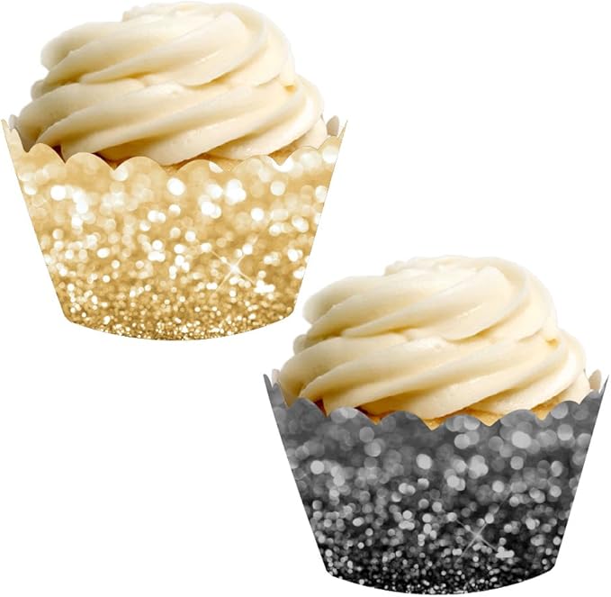 Andaz Press Cupcake Wrapper Decorations, Faux Black And Gold Glitter Not Real Glitter 24-Pack Milestone Birthday Black And Gold Graduation Decorations Gold Cupcake Wrappers Graduation Cupcake Wrappers