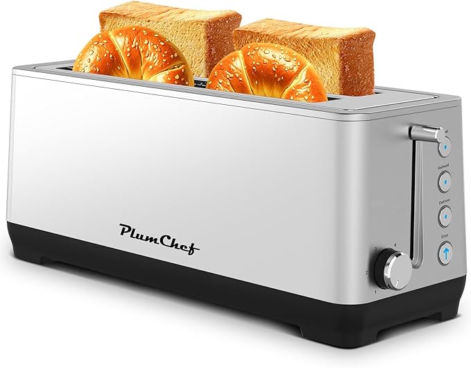 4-Slice Toaster, Extra Wide Long Slot Toaster, 6 Browning Settings, Bagel/Defrost/Reheat Functions, Removable Crumb Tray, Stainless Steel Housing (Silver)