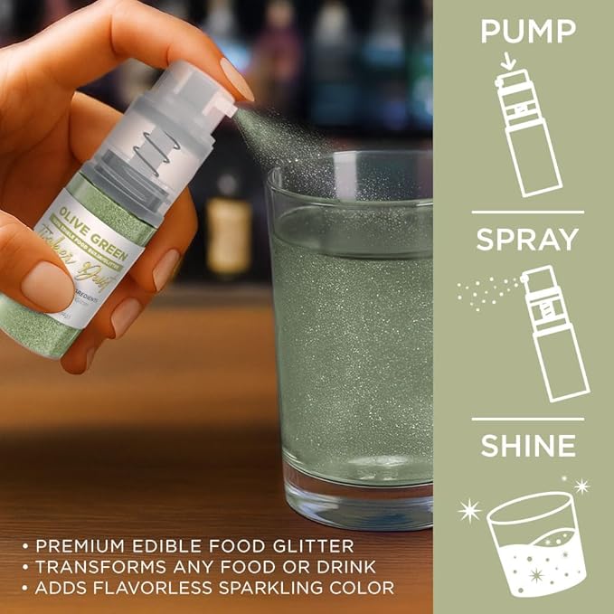 Bakell - Olive Green Tinker Dust (4g, 1x Mini Spray Pump) Edible Glitter for Food, Desserts, and Beverages!