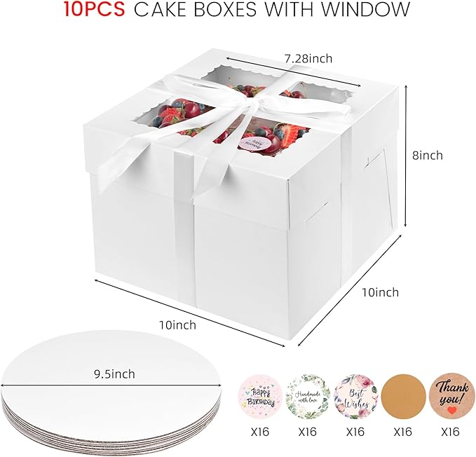VGOODALL 2 Pack Cake Boxes, 10x10x8 Inches Cake Containers with Window, White Bakery Boxes with Lids for Birthday Party Wedding