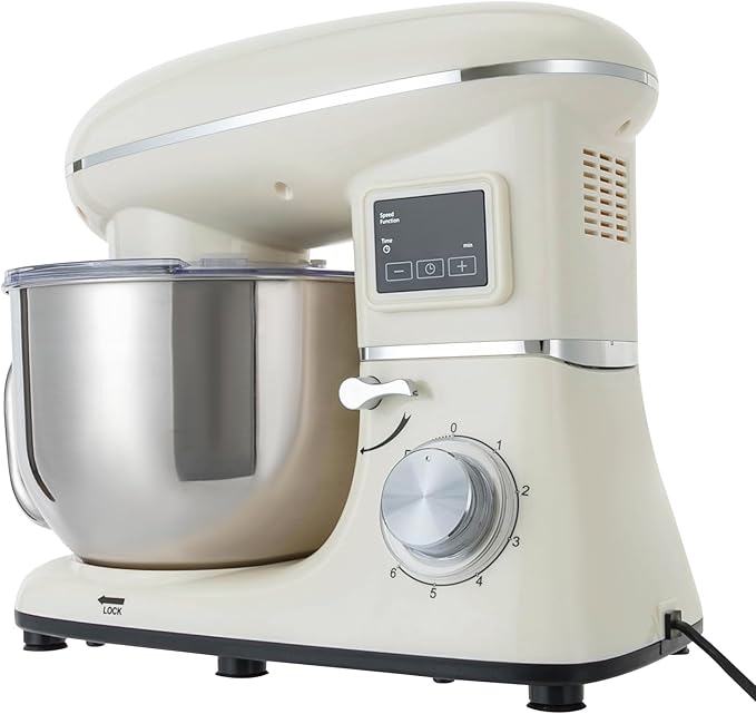 6.5Qt Stand Mixer, 1350W Electric Household Stand Kitchen Mixer With Lcd Timer Display, 6-Speed Dough Maker With Whisk Beater & Hook, For Baking Bread Cake Cream, Compact For Small Kitchen (white)