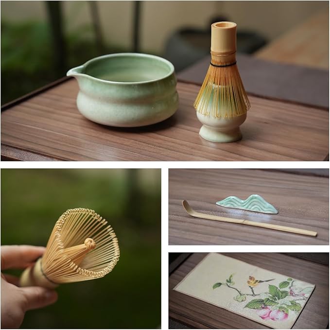 Matcha Whisk Set, 7 Pcs Kit Includes Ceramic Bowl, Traditional Bamboo Whisk and Holder, Scoop, Scoop Rest, Sifter and Tea Towel - Gift set for Matcha Lovers, birthday, Christmas (Green)