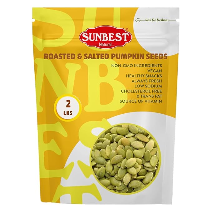 Sunbest Natural Lightly Salted Roasted Pumpkin Seeds – 2 lb Bag – Pepitas Roasted Lightly Salted – Ready to Eat, Non-GMO, Vegan, Kosher – Nutritious Snack for On-the-Go & Recipes
