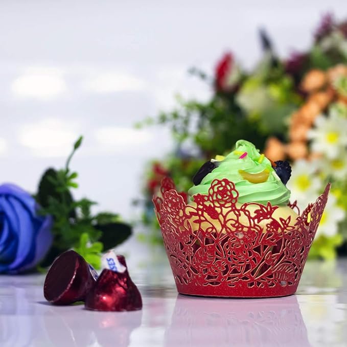 YOZATIA 60pcs Red Rose Lace Cupcake Wrappers Holders, Laser Cut Cupcake Liners Decorative Liners for Wedding Party Birthday Cake Decoration Supplies (Red)