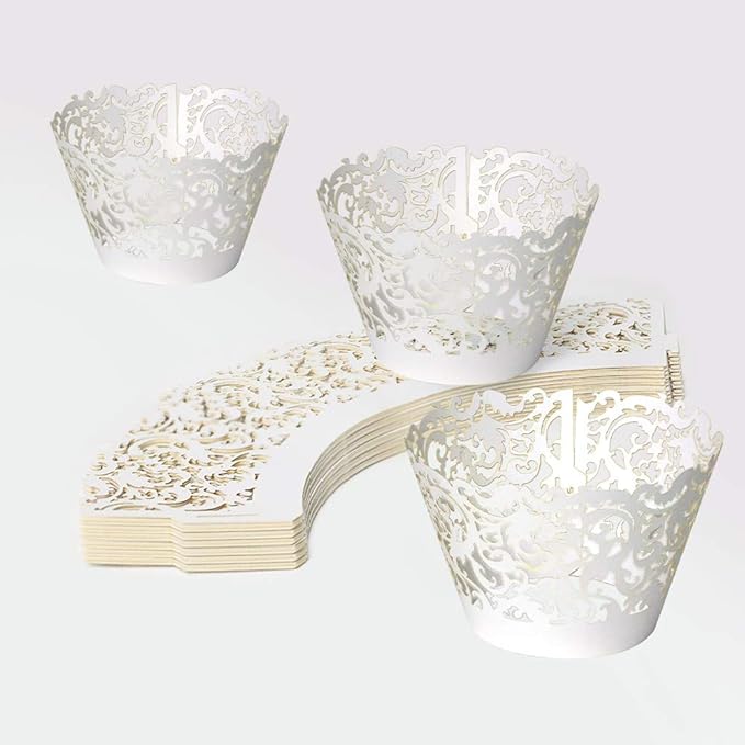 YOZATIA 60 White Vine Lace Cupcake Wrapper, Laser Cut Cupcake Liners for Weddings Birthdays Tea Parties and any Special Event- White