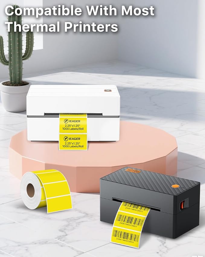 iEager 2.25x1.25 Inch Thermal Labels, Yellow Durable Thermal Printer Stickers, Self-Adhesive Rectangle Shipping Label Printer Sticker for Barcode, Name, Address, 1000 Labels/Roll