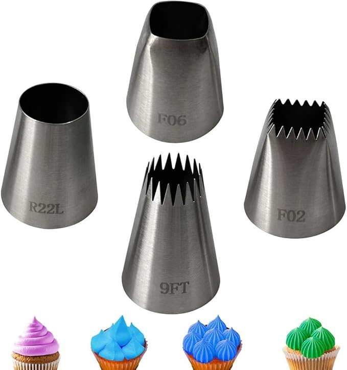 4Pcs Extra Large Piping Tips, Cookie Decorating Tools Cake Decorating Tips Frosting Icing Tips Piping Nozzles Baking Tools for Cupcake Cake Cookie Pastry, Food Grade Stainless Steel, F02 F06 9FT R22L