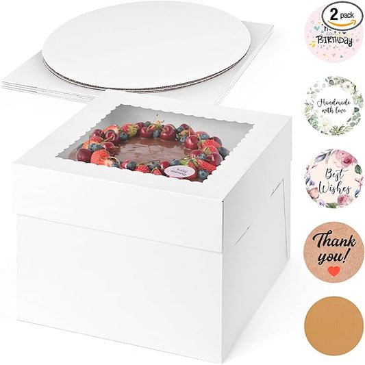 VGOODALL 2 Pack Cake Boxes, 10x10x8 Inches Cake Containers with Window, White Bakery Boxes with Lids for Birthday Party Wedding