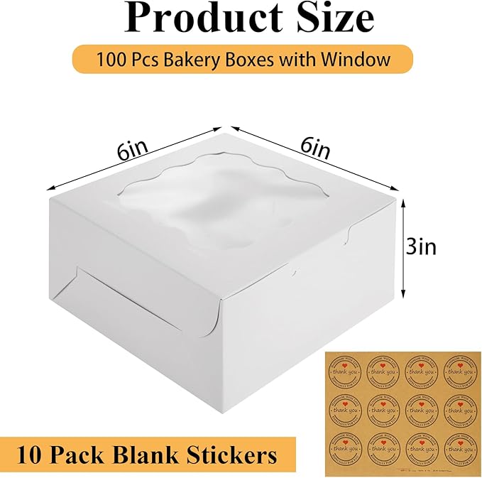 QTLCOHD 100 Pack Bakery Boxes 6 x 6 x 3 Inches Cookie Boxes with Window White Pastry Boxes Bulk Treat Boxes for Dessert, Cupcakes, Pastries, Cookies, Strawberries Chocolate