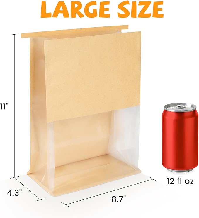 50 Pack Bread Bags with Tabs for Homemade Sourdough Bread, 8.7x4.3x11 Inches Tin Tie Tab Lock Large Paper Bakery Packaging Bags with Window for Gifting & Bake Sale