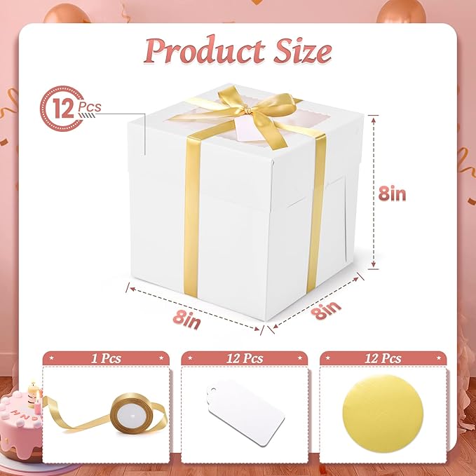 24Pcs 8x8x8 Inch Cake Boxes, 12pcs White Bakery Boxes with Window (12pcs Boards), Square Cake Carrier Container Disposable Pie Boxes Package for Bake Decorating Supplies