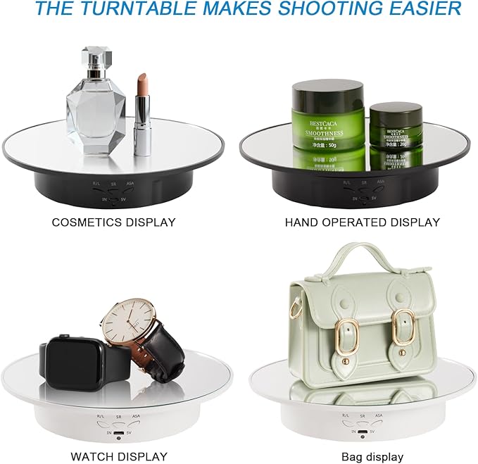 Motorized Display Stand - 7.87" Rotating Platform with Mirror Cover, USB Charging Port, 22 lbs Load Capacity, Ideal for Jewelry, 3D Model, Cake Photography