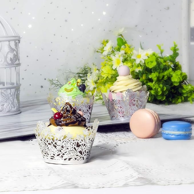 YOZATIA 60pcs Silver Rose Lace Cupcake Wrappers Holders, Laser Cut Cupcake Liners Decorative Liners for Wedding Party Birthday Cake Decoration Supplies