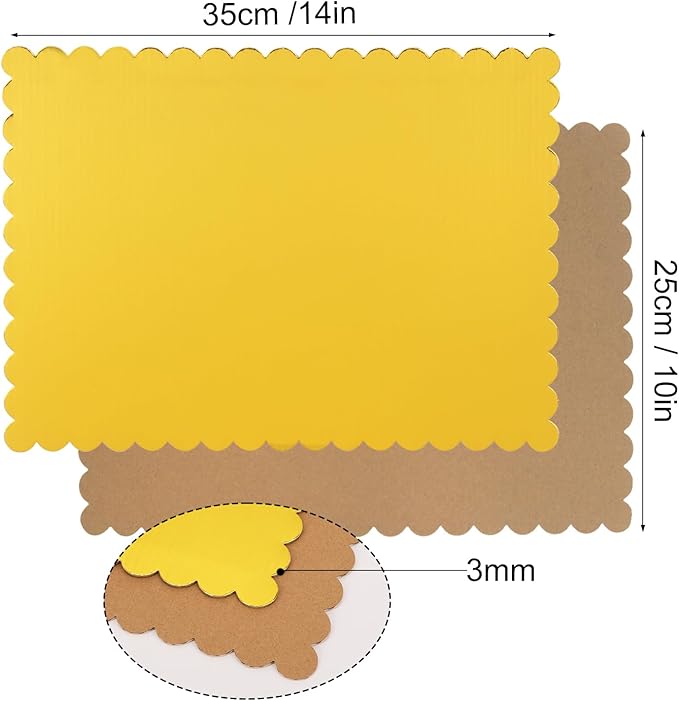 50 Pcs Gold Cake Boards, 14 x 10 Inch Rectangular Cardboard Cake Base, Scalloped Edges, Disposable Paper Cake Board for Elegant Dessert Presentation & Versatile Use