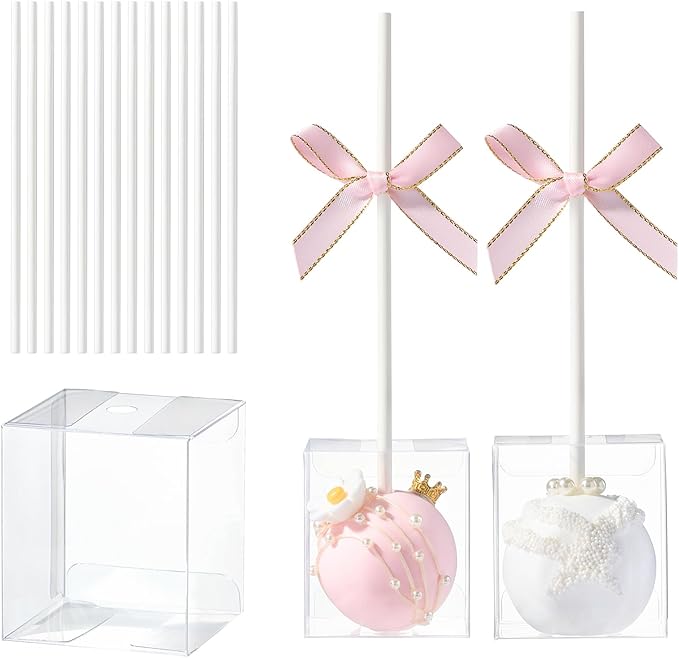 25 Pack Professional Cake Pop Boxes with Holes & 6" Sticks - Food-Safe 1.75 x 1.75 x 2" Clear Plastic Containers for Bakeries & Events