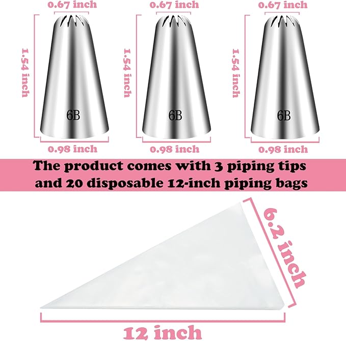 3 Pieces 6B Large Churro Icing Tips and Piping Bags,Frosting Icing Tip for Cake Decorating,6B Large Star Tips and 20 Disposable Piping Bags,Stainless Steel CupCake Star Tip for Churros