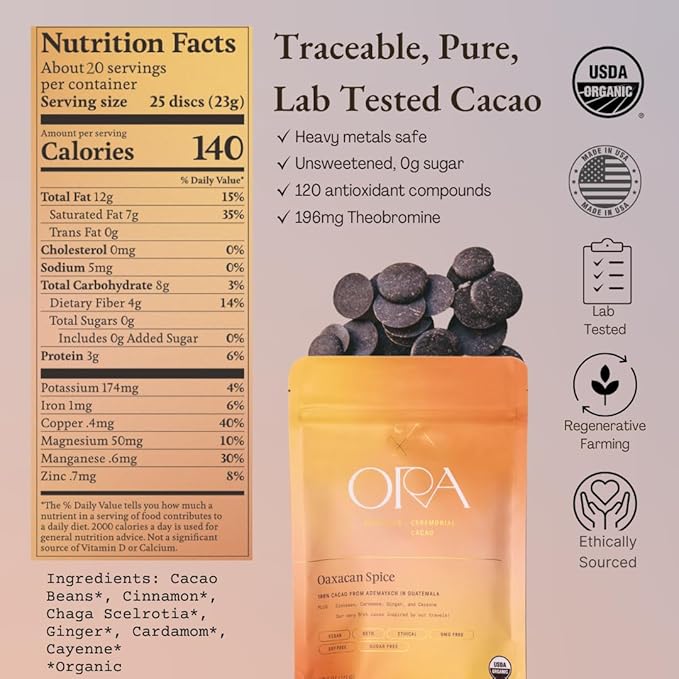 ORA Ceremonial Cacao - Oaxacan Spice - Organic 100% Cacao with Cinammon, Cardamom, Ginger - Ethical - High Flavanol - Unsweetened - Heavy Metals Tested - 16oz