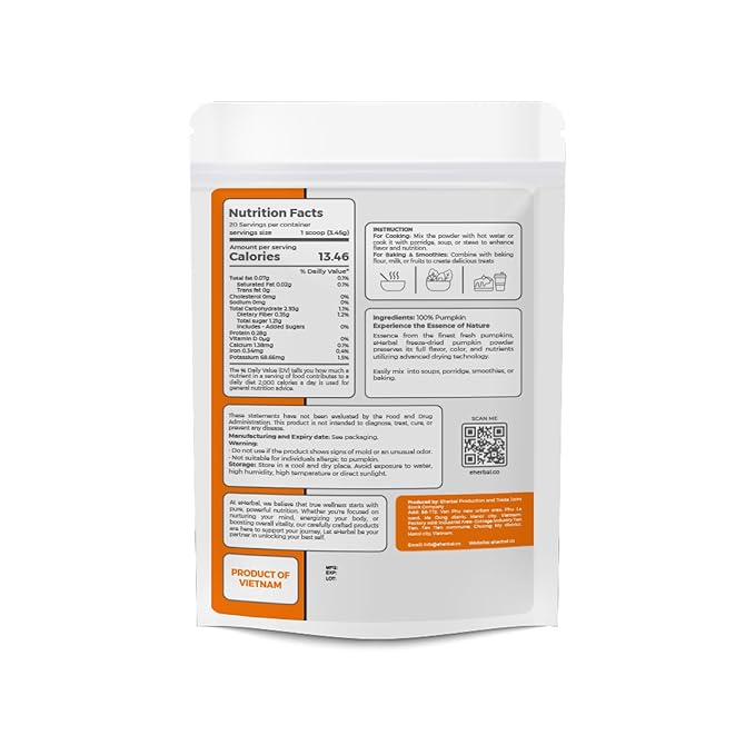 eHerbal Pure Freeze-Dried Pumpkin Powder, 2.43 oz – 100% Natural Pumpkin, No Additives or Preservatives, Non-GMO, Gluten-Free, for Baking, Cooking, Smoothies Versatile for Vegans and Vegetarians