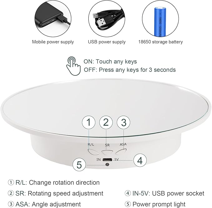 7.87'' Rotating Display Stand Motorized Rotating Display Stand, 22 lbs Load Electric Turntable with Mirror Cover, Lazy Susan Showcase with USB for Jewelry Photography 3D Model Cake, White