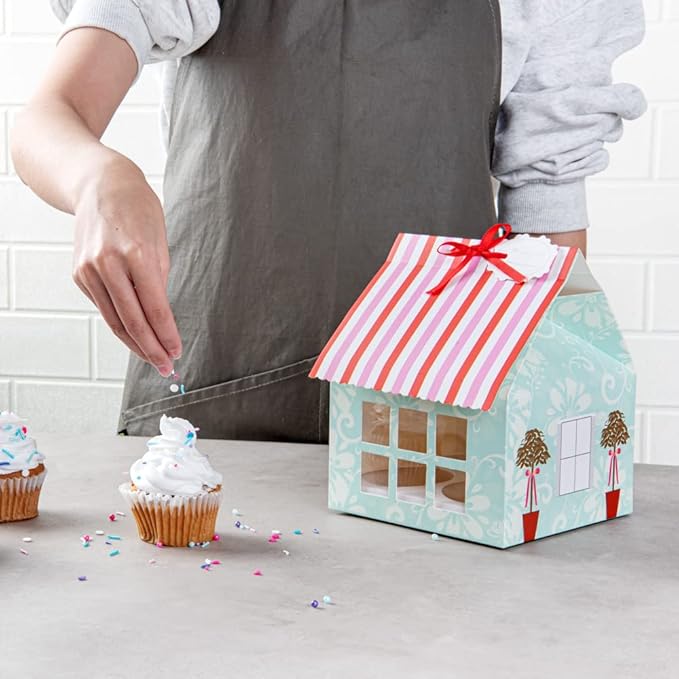 Restaurantware Pastry Tek 6 Inch x 7.8 Inch Cupcake Gift Boxes 100 Fits 4 Cupcake Favor Boxes - House Cupcake Inserts Pink And Blue Paper Treat Boxes With Window For Weddings Or Parties