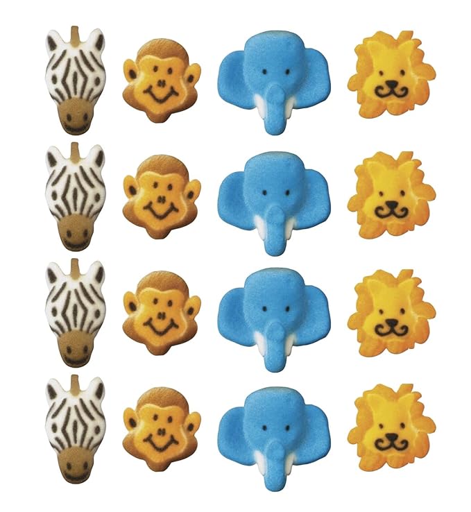 Jungle Zoo Animals - Monkey, Lion, Zebra and Elephant Edible Sugar Cake Toppers, 12 Count