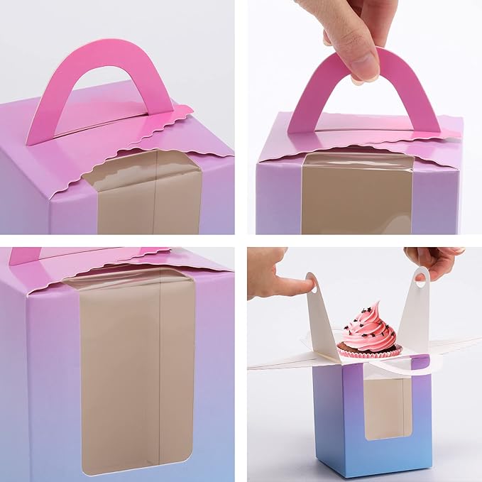 acDesign 100Pcs Single Cupcake Carrier With Window Handle and Inserts 3.6in*3.6in*4.3in Cupcake Boxes Individual for Bakery Wrapping Gift (Gradient)