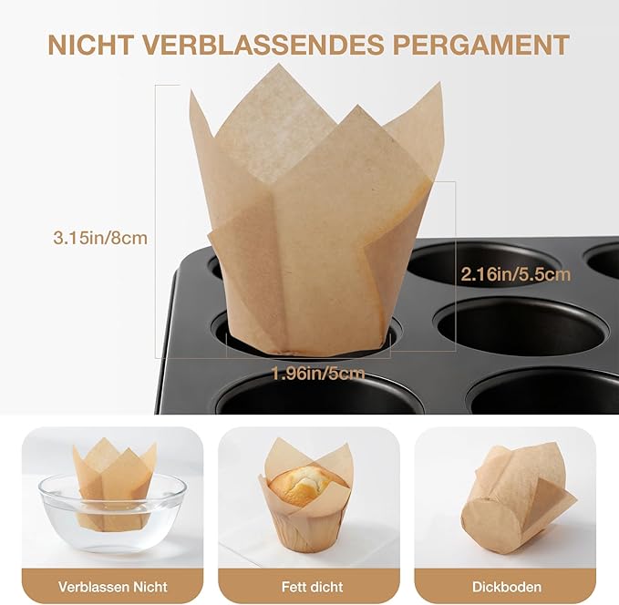 200pcs Tulip Cupcake Liners, Standard Greaseproof Paper Baking Cups Muffin Liners Holders Perfect for Bridal Showers, Baby Showers, Birthday Parties, Banquets, and Catering Events (Natural)