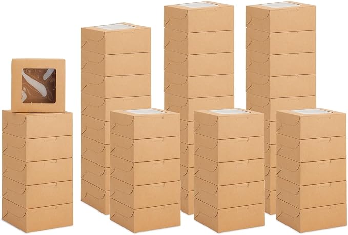 Juvale Cookie Boxes with Window - 50-Pack 6x6x2.5 in, Brown Paperboard - Bakery Boxes for Cookies, Cupcakes & Muffins