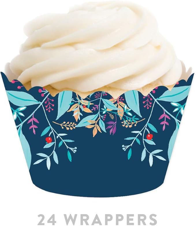 Andaz Press Party Cupcake Wrapper Decorations, Bohemian Vintage Aqua Floral Flowers on Navy Blue, 24-Pack, For Girls 1st Birthday Baby Bridal Shower Tea Party Themed Decorations