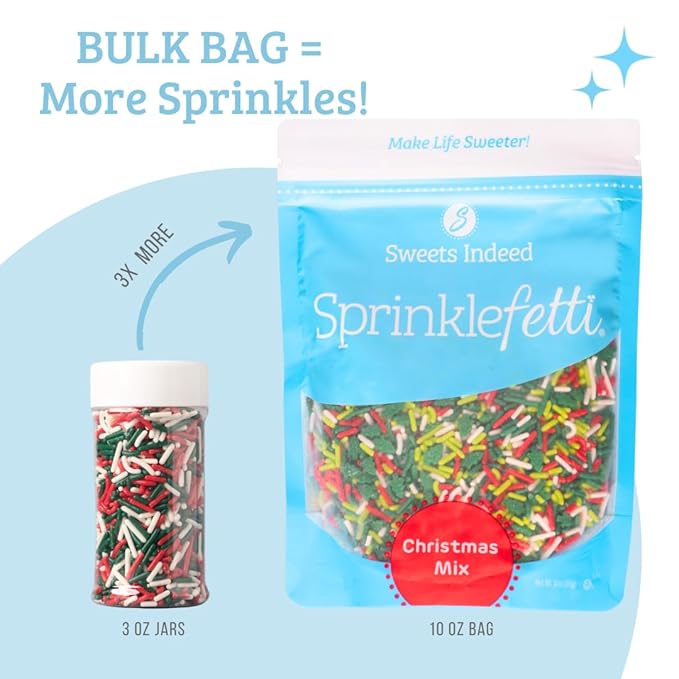 Sweets Indeed, Sprinkles, Bulk, 10 ounce, Edible Sprinkle Mix, Perfect for Cake Decorations, Baking, Ice Cream, Cookies, Cupcake Topper (Christmas)