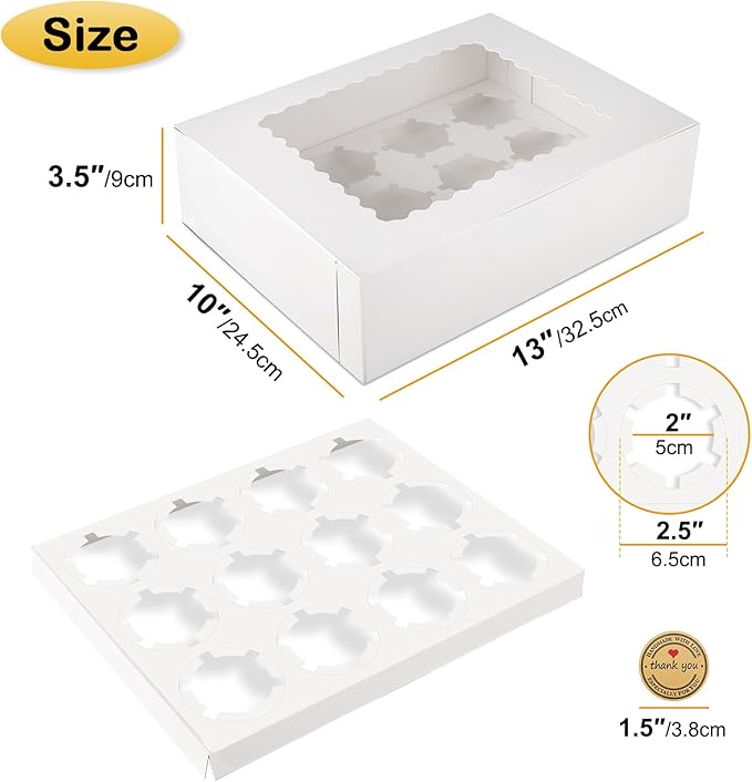 12-Count White Cupcake Boxes with Window and Insert, 13x10x3.5 Inch, Set of 10, Suitable for Cupcakes, Muffins, and Cookies
