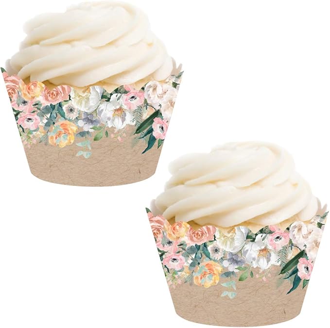 Andaz Press Party Cupcake Wrapper Decorations, Peach Florals on Kraft Brown, 24-Pack, For Girls 1st Birthday Baby Bridal Shower Tea Party Themed Decorations