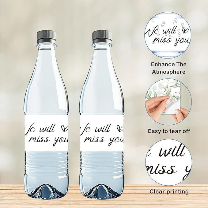 We Will Miss You Decorations 100 Pcs Greenery Floral Water Bottle Labels Sticker for Farewell Retirement Going Away Congratulations Goodbye House Warming Moving Away Good Luck Party Decorations
