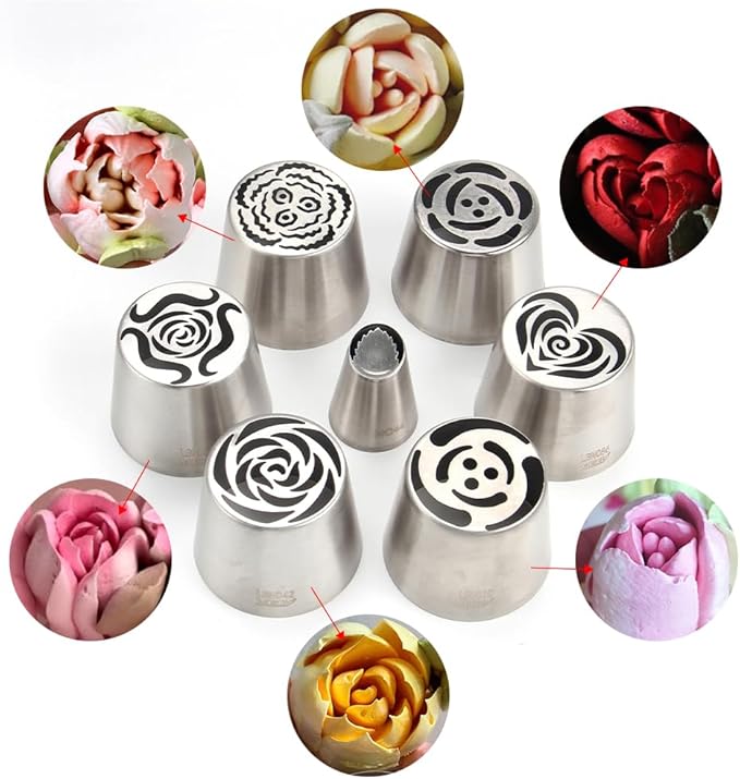6 Pieces Extra Large Stainless Steel Russian Tulip Marshmallow Icing Tips Kit, Cupcake Dessert Piping Nozzles Set,1 Small Size Russian Icing Tip for Cake Decorations,Pastry Baking Tools