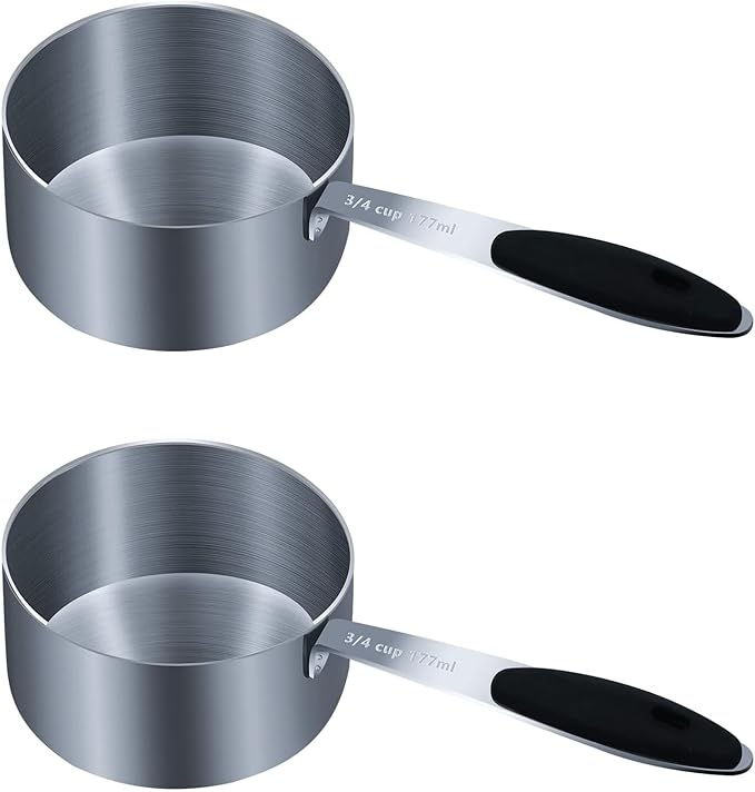 2PCS 3/4Cup (177ml, 6oz) Single Measuring Cup with Black Silicone Grip, Stainless Steel Individual Measure Scoop Only