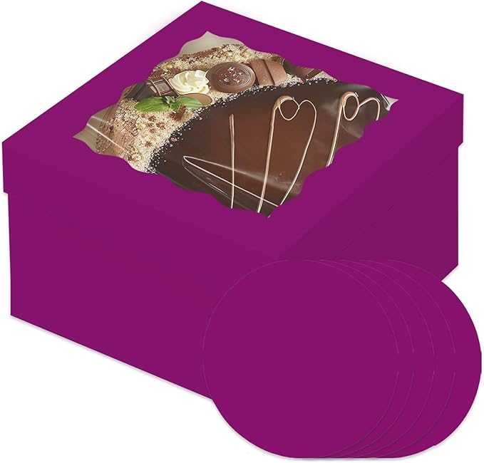 Bakepacker 36pcs 12x12x6 Inches Cake Boxes with Window 18-Packs Deep Purple Cake Boxes 12 Inch Bakery Boxes (18 Cake Boxes +18 Cake Boards)