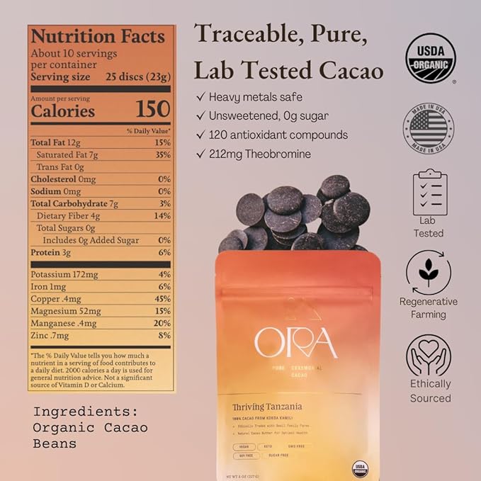 ORA Ceremonial Cacao - Thriving Tanzania - Organic 100% Cacao - Ethical - Regenerative - High Flavanol - Coffee Alternative - Better Energy - Heavy Metals Tested - Unsweetened - 8oz