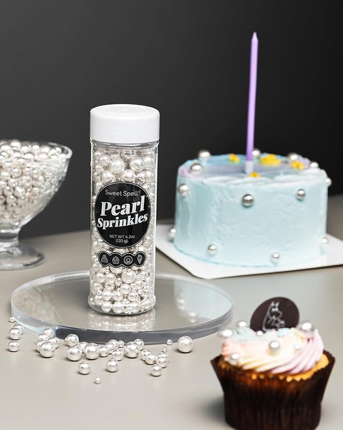 Sweet Spell Silver Pearl Sprinkles for Cake Decorating (120g/ 4.2oz) - Sugar Candy Ball Pearls for Cupcakes, Ice Cream Toppers, and Baking Cake Decoration